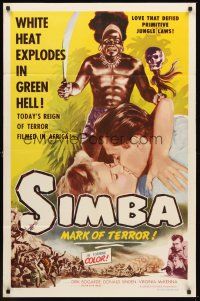 3e831 SIMBA style B 1sh '55 Dirk Bogarde, Virginia McKenna, white heat explodes in green hell!