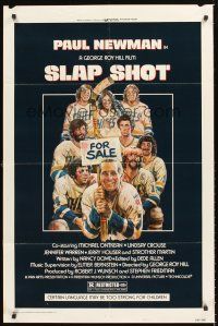 3e838 SLAP SHOT style A 1sh '77 hockey, great art of Paul Newman & cast by Craig!