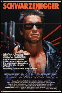 3e911 TERMINATOR 1sh '84 super close up of most classic cyborg Arnold Schwarzenegger with gun!