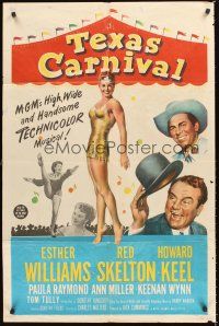 3e914 TEXAS CARNIVAL 1sh '51 Red Skelton, art of sexy Esther Williams in skimpy outfit at fair!