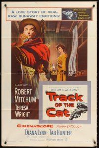 3e945 TRACK OF THE CAT 1sh '54 Robert Mitchum & Teresa Wright in a startling love story!
