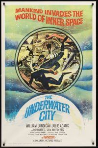 3e953 UNDERWATER CITY 1sh '62 William Lundigan, the world of inner space, scuba diving sci-fi art!