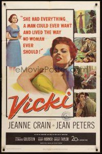 3e961 VICKI 1sh '53 if men want to look at sexy bad girl Jean Peters, she'll make them pay for it!