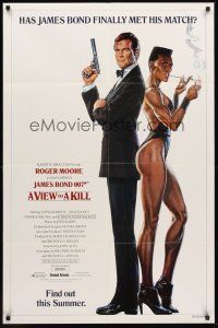 3e963 VIEW TO A KILL advance 1sh '85 art of Roger Moore James Bond & smoking Grace Jones by Goozee!
