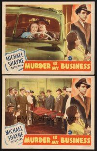 3f979 MURDER IS MY BUSINESS 2 LCs '46 Hugh Beaumont as detective Michael Shane, Cheryl Walker