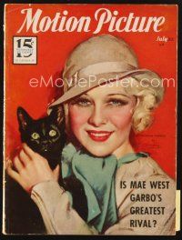 3g094 MOTION PICTURE magazine July 1933 art of Glenda Farrell holding cat by Marland Stone!