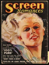 3g086 SCREEN ROMANCES magazine August 1934 incredible artwork portrait of sexy Jean Harlow!