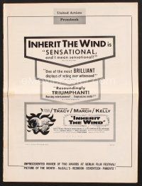 3g184 INHERIT THE WIND pressbook '60 Spencer Tracy, Fredric March, Gene Kelly, chimp with book!
