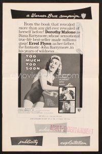 3g258 TOO MUCH, TOO SOON pressbook '58 Errol Flynn, sexy Dorothy Malone as Diana Barrymore!