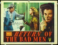 3h655 RETURN OF THE BAD MEN LC #6 '48 pretty Jacqueline White holds a gun on amused Randolph Scott!