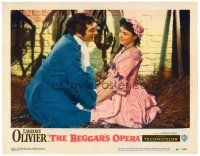 3h174 BEGGAR'S OPERA LC #5 '53 Laurence Olivier kneeling in hay with pretty Mary Clare!