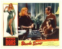 3h199 BLONDE SINNER LC '56 sexy Diana Dors standing with drink in deep conversation with 2 guys!