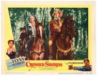 3h274 CROSSED SWORDS LC #5 '53 Errol Flynn with men on horseback in forest!