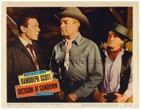 3h294 DECISION AT SUNDOWN LC #5 '57 Randolph Scott between two men, directed by Budd Boetticher!