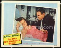 3h555 MAN WHO UNDERSTOOD WOMEN LC #5 '59 worried Henry Fonda looks at sexy Leslie Caron in bed!