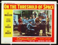 3h605 ON THE THRESHOLD OF SPACE LC #7 '56 Dean Jagger, Virginia Leith & many men wait for news!