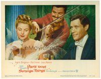 3h617 PARIS DOES STRANGE THINGS LC #4 '57 Renoir, man plays violin for Ingrid Bergman & Mel Ferrer