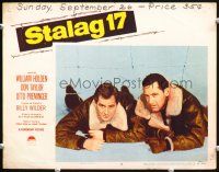 3h735 STALAG 17 LC #3 '53 William Holden & Don Taylor escaping under the wire at flim's climax!