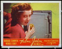 3h771 THELMA JORDON LC #4 '50 super close up of scared Barbara Stanwyck opening safe!