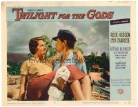 3h829 TWILIGHT FOR THE GODS LC #2 '58 c/u of Rock Hudson carrying sexy Cyd Charisse on beach!