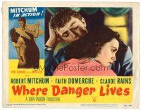 3h859 WHERE DANGER LIVES LC #2 '50 close up of Robert Mitchum holding pretty Faith Domergue!