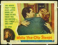 3h863 WHILE THE CITY SLEEPS LC #8 '56 Fritz Lang, c/u of Dana Andrews about to kiss Sally Forrest!