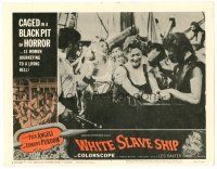 3h869 WHITE SLAVE SHIP LC #8 '62 L'ammutinamento, close up of chained women on deck!