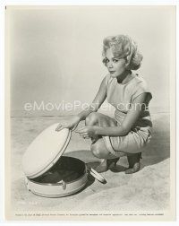 3k594 SANDRA DEE 8.25x10 still '65 great wardrobe test shot kneeling with round suitcase!