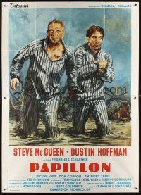 3m069 PAPILLON Italian 2p R1970s different art of prisoners Steve McQueen & Dustin Hoffman escaping!