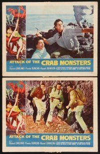 3p599 ATTACK OF THE CRAB MONSTERS 2 LCs '57 terrified woman & man with axe face down creature!