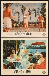 3p712 GARDEN OF EDEN 2 LCs '54 Florida nudist camp on the beach, topless female volleyball!