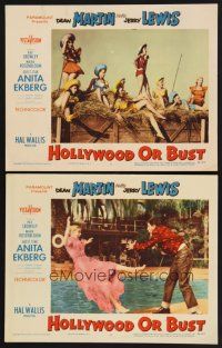3p750 HOLLYWOOD OR BUST 2 LCs '56 Jerry Lewis pushes girl into pool + sexy girls on haywagon!