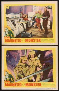 3p799 MAGNETIC MONSTER 2 LCs '53 Richard Carlson in suit & sexy girl attacked by lawnmower!