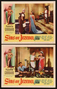 3p897 SINS OF JEZEBEL 2 LCs '53 sexy Paulette Goddard as most wicked Biblical woman!
