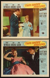 3p948 THIS HAPPY FEELING 2 LCs '58 Debbie Reynolds, Curt Jurgens, Saxon, a spicy look at love!