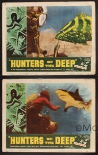3p165 HUNTERS OF THE DEEP 4 LCs '55 cool image of shark & diver, buried secrets of the deep!