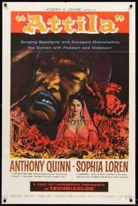 3s041 ATTILA 1sh R62 art of Anthony Quinn as The Hun grabbing sexy Sophia Loren!