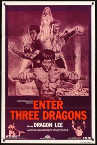 3s233 DRAGON ON FIRE 1sh R80s Dragon Lee & Bolo Yeung kung-fu action, Enter Three Dragons!