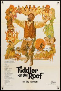 3s246 FIDDLER ON THE ROOF 1sh '71 cool artwork of Topol & cast by Ted CoConis!