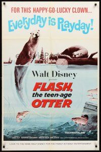 3s260 FLASH THE TEEN-AGE OTTER 1sh '65 Walt Disney, great art of happy-go-lucky otter by Wenzel!