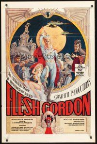 3s261 FLESH GORDON 1sh '74 sexy sci-fi spoof, wacky erotic super hero art by George Barr!