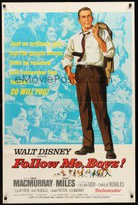 3s264 FOLLOW ME BOYS 1sh '66 Fred MacMurray leads Boy Scouts, young Kurt Russell, Walt Disney!