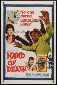 3s309 HAND OF DEATH 1sh '62 great image of cheesy monster, no one dared come too close!