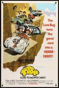 3s323 HERBIE GOES TO MONTE CARLO 1sh '77 Disney, wacky art of Volkswagen Beetle car racing!