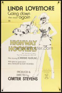 3s329 HIGHWAY HOOKERS 1sh '76 artwork of sexy Linda Lovemore, going down the road again!