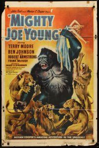 3s497 MIGHTY JOE YOUNG style C 1sh '49 1st Harryhausen, art of ape rescuing Terry Moore from lions!
