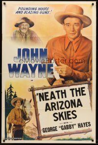 3s531 JOHN WAYNE stock 1sh '40s image of John Wayne, Gabby Hayes, Neath The Arizona Skies