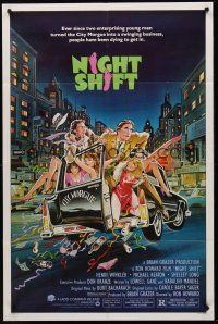 3s545 NIGHT SHIFT 1sh '82 Michael Keaton, Henry Winkler, sexy girls in hearse art by Mike Hobson!