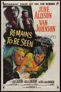 3s653 REMAINS TO BE SEEN 1sh '53 Van Johnson, June Allyson, Angela Lansbury by creepy statue!