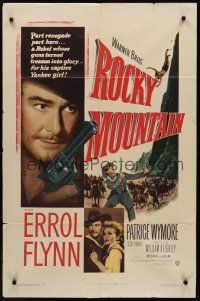 3s683 ROCKY MOUNTAIN 1sh '50 great close up of part renegade part hero Errol Flynn with gun!